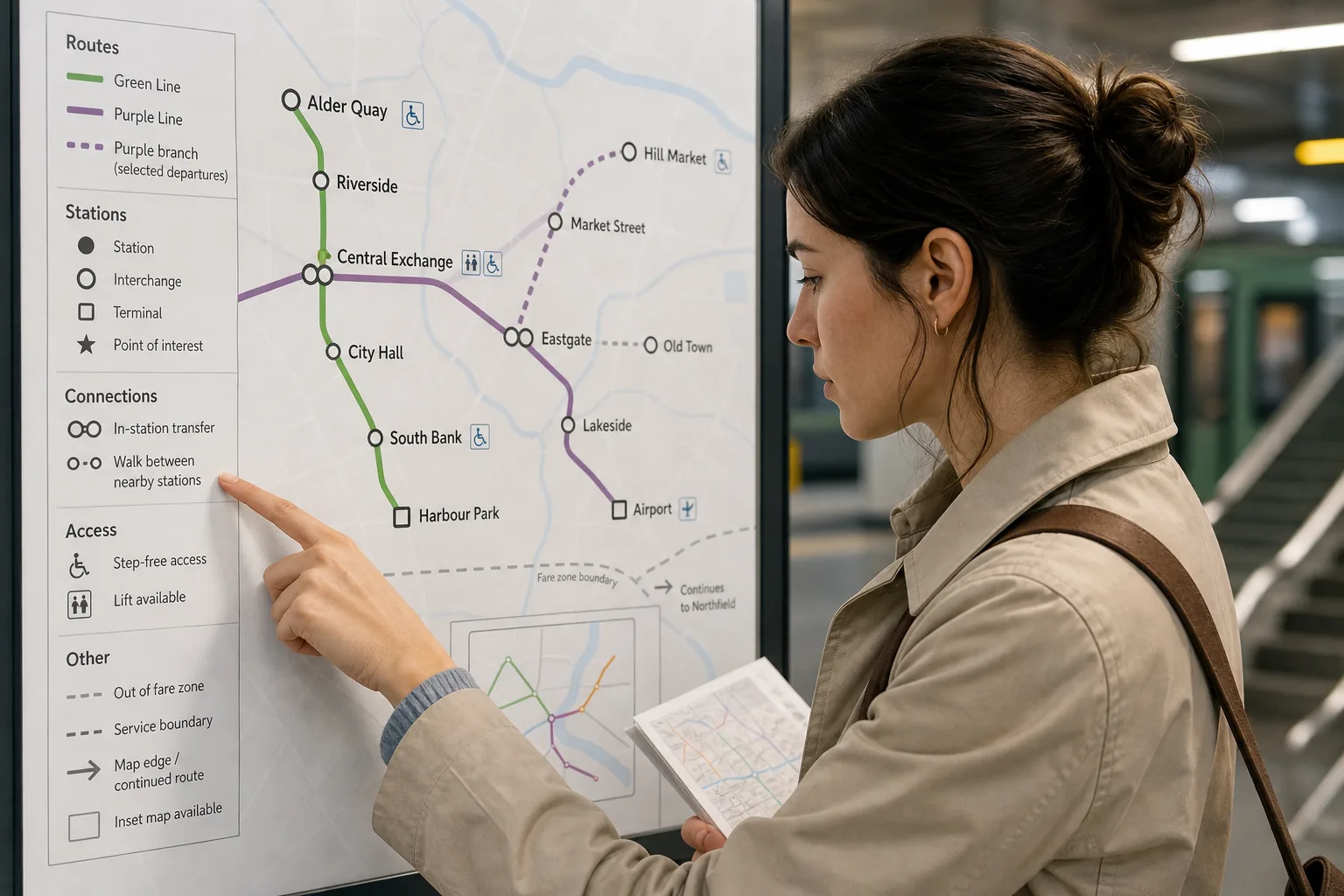 Woman in beige coat examining and pointing to transit map legend at underground station platform