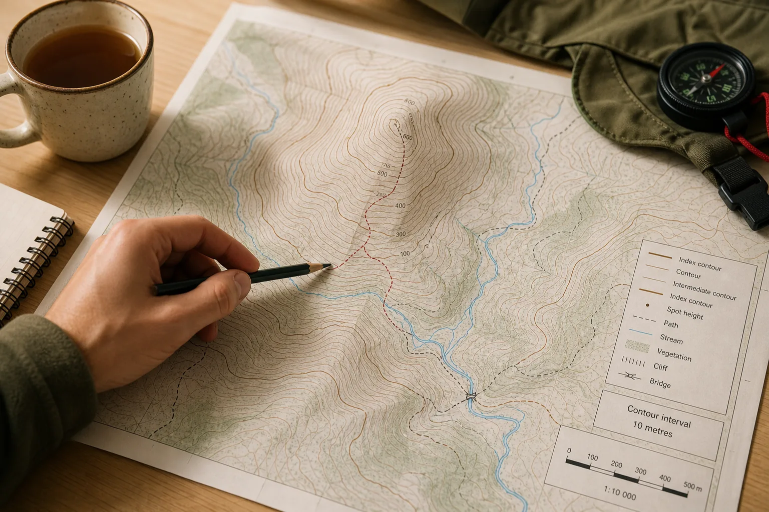 Hand holding pencil pointing to a topographic map with contour lines and blue streams on a wooden table