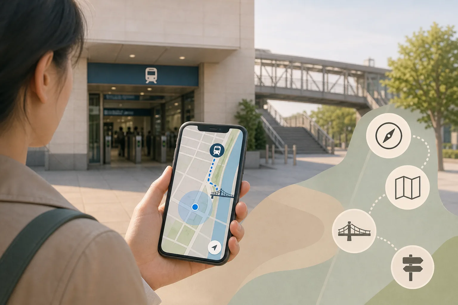 Person holding smartphone displaying map with route to train station near modern building entrance