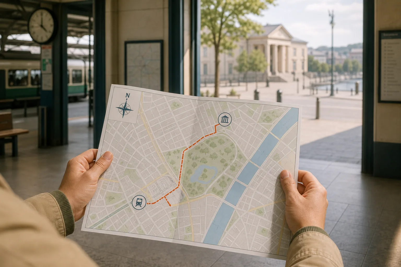 Person holding a folded city map showing a route between landmarks near a river with buildings and trees