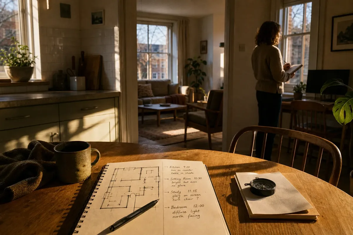 Sunlit cozy home interior with a notebook showing a floor plan on a wooden table and a person looking out the window