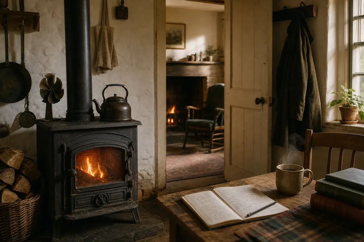 Cozy rustic room with a wood-burning stove, open journal, steaming cup, and fireplace in adjoining room