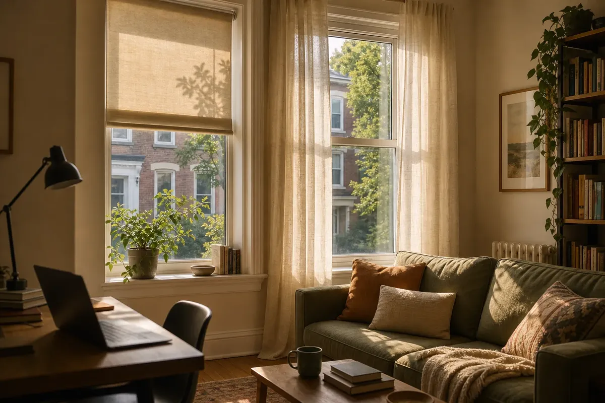 Sunlit living room with beige curtains, green sofa with pillows, and a small wooden coffee table
