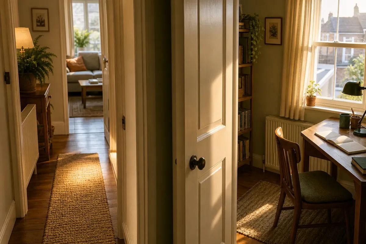 Warm sunlight filling a cozy hallway and study with open doors, wooden floors, and soft furnishings