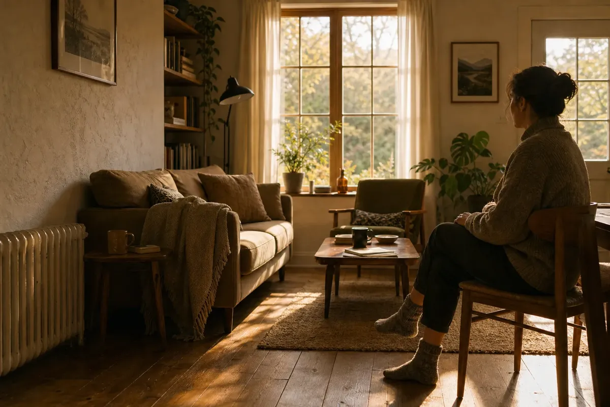 Woman sitting on a wooden chair in a warmly lit living room with sofa, plants, and large window