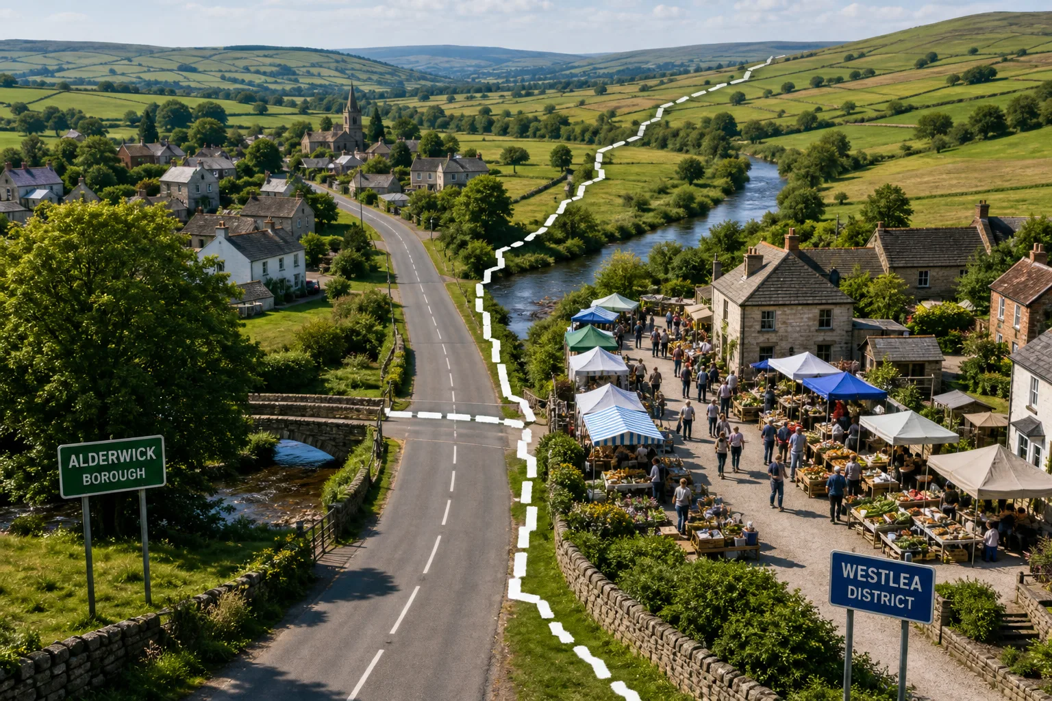 Green countryside with a winding river, two villages separated by a white dashed border line, and outdoor market stalls on one side