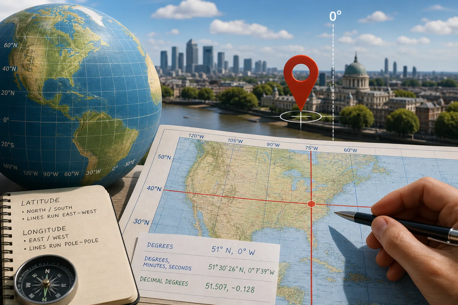 Hand pointing at map coordinates with globe, compass, notebook about latitude and longitude, cityscape background