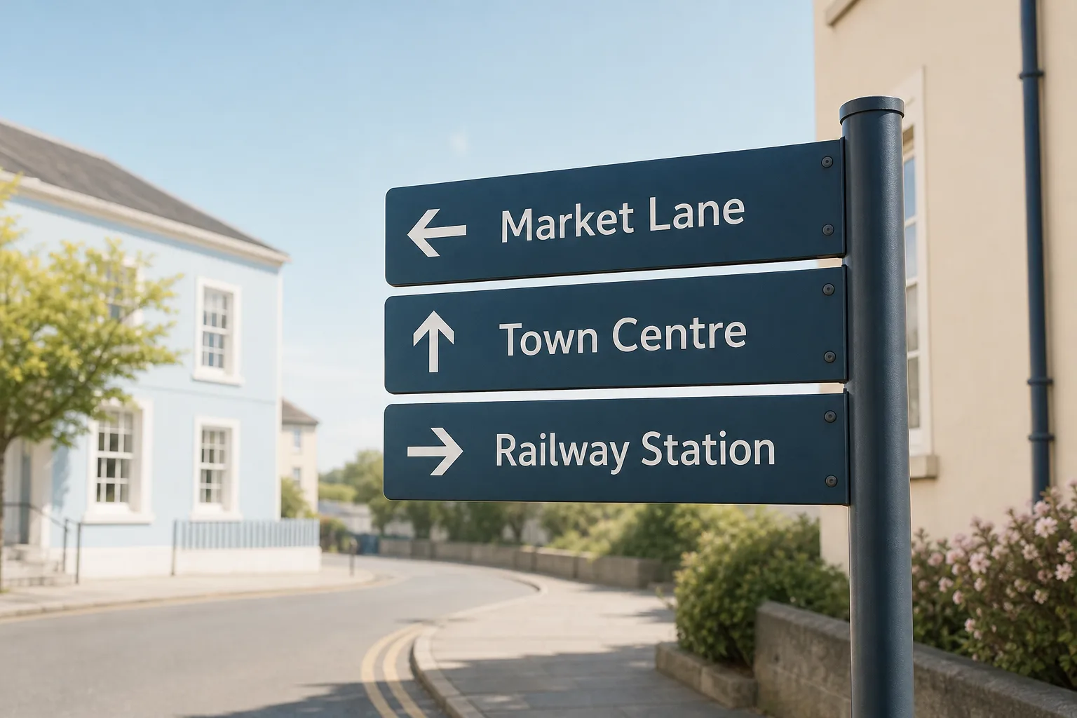 Blue street signs with directional arrows against a clear sky and pastel-colored buildings