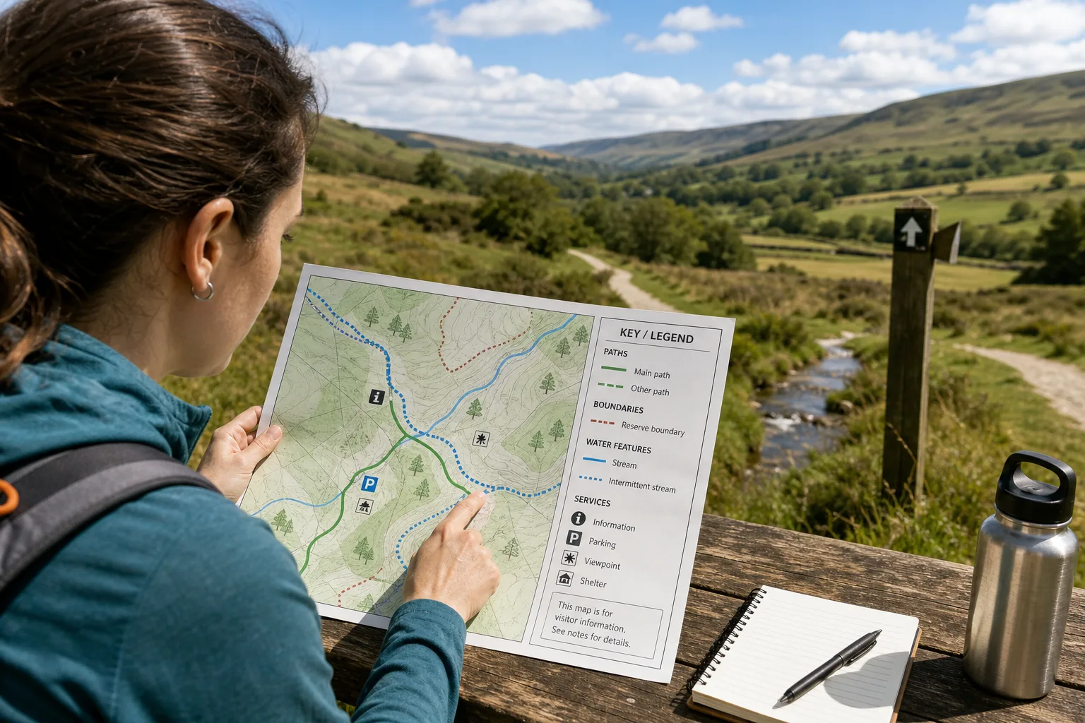 Woman sitting at a wooden picnic table pointing to a map with green hills and a stream in the background