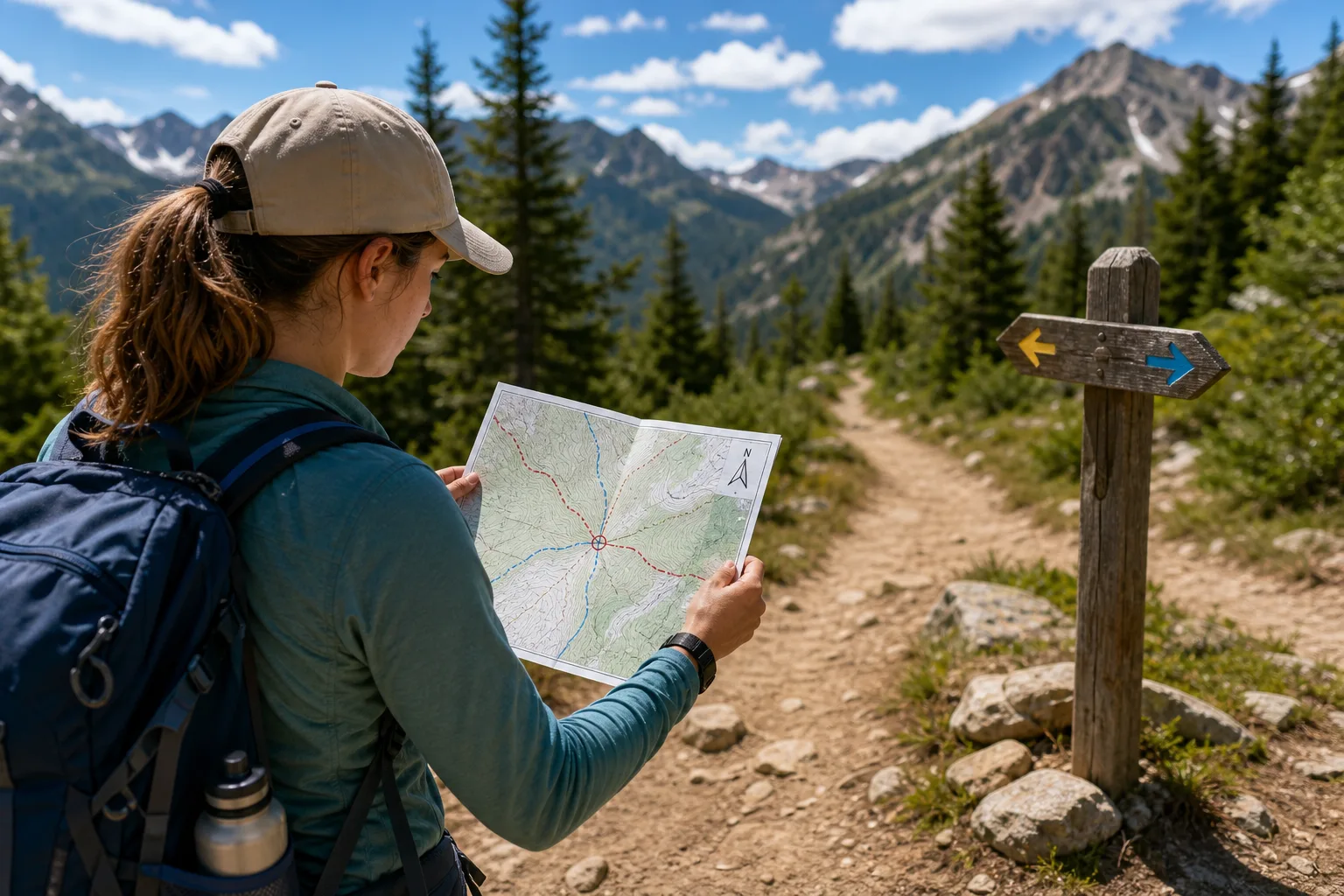 Person wearing a cap and backpack looking at a map on a mountain trail near a wooden signpost with arrows